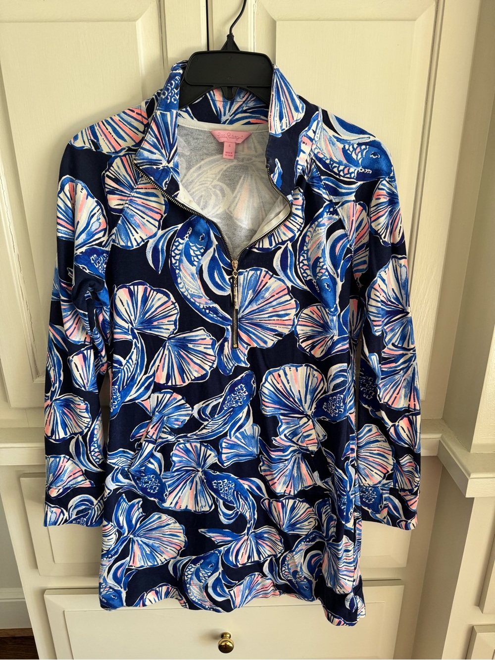 Lilly Pulitzer Navy Floral Zip-Front Tunic with Pink & Blue Shell Print